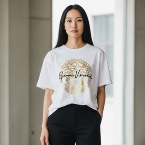 Versace Medusa Signature-Print White and Gold Tee Size 42EU/6US Authentic